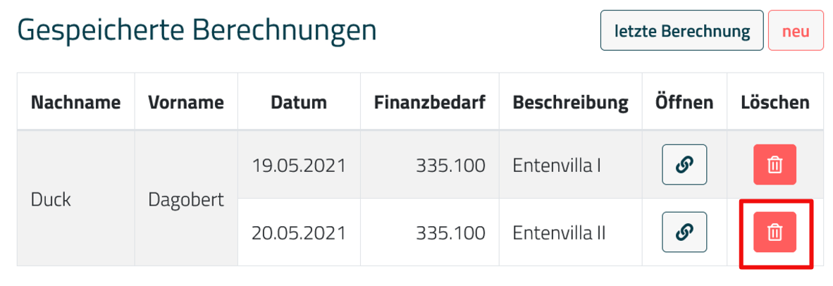 Bild Klienten-Liste mit Löschen-Button